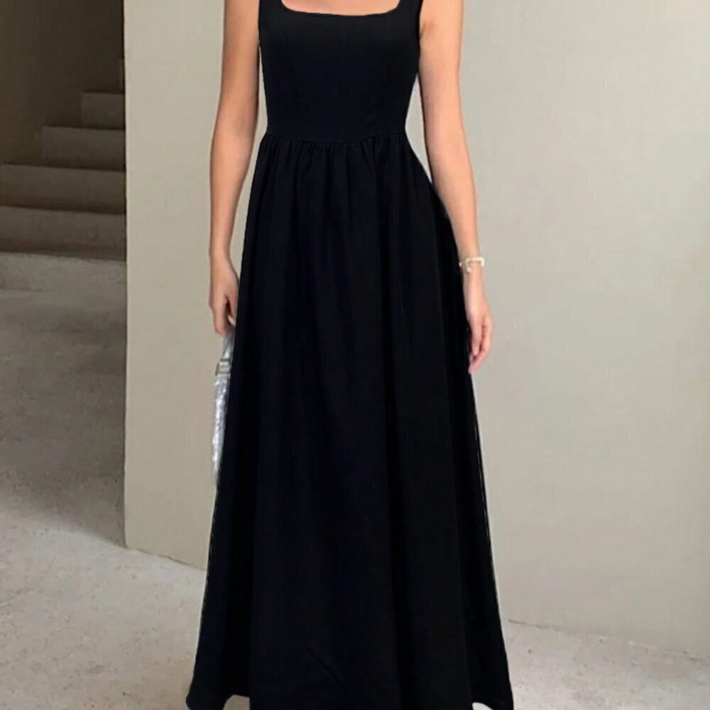 Black Elegant Women's Sleeveless V-Neck Ruffled Waist Fitted Mini Dress - Picture 3 of 4